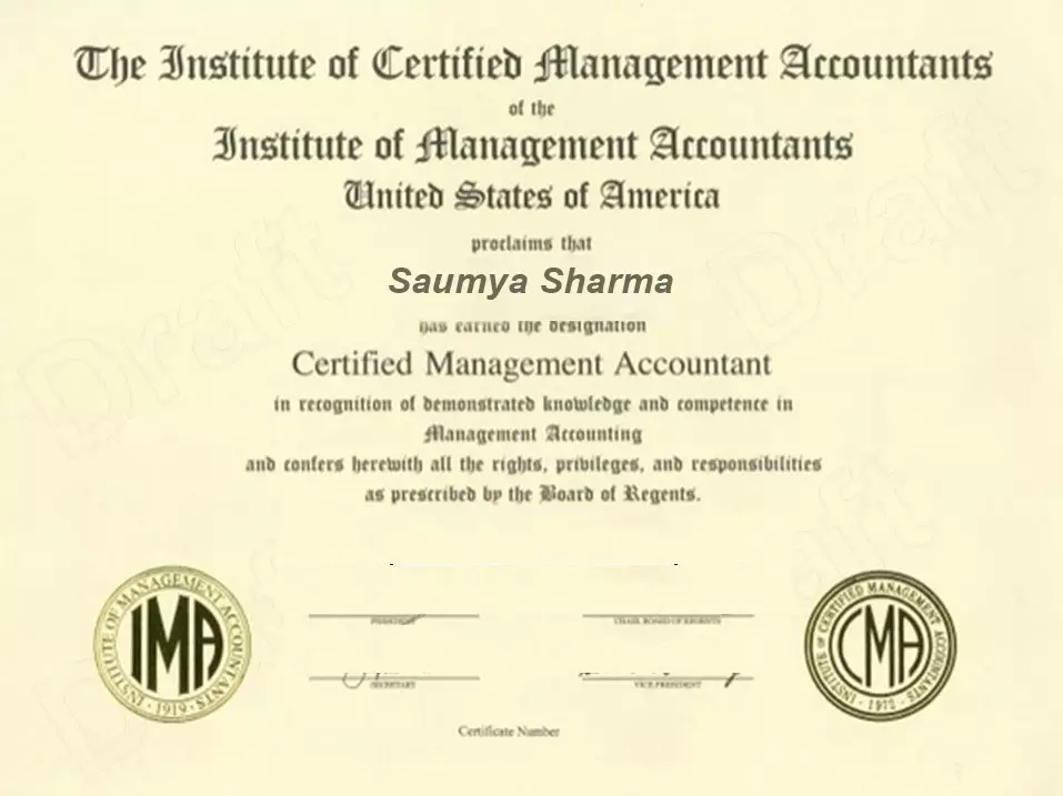 Certified Management Accountant Course Completion Certificate