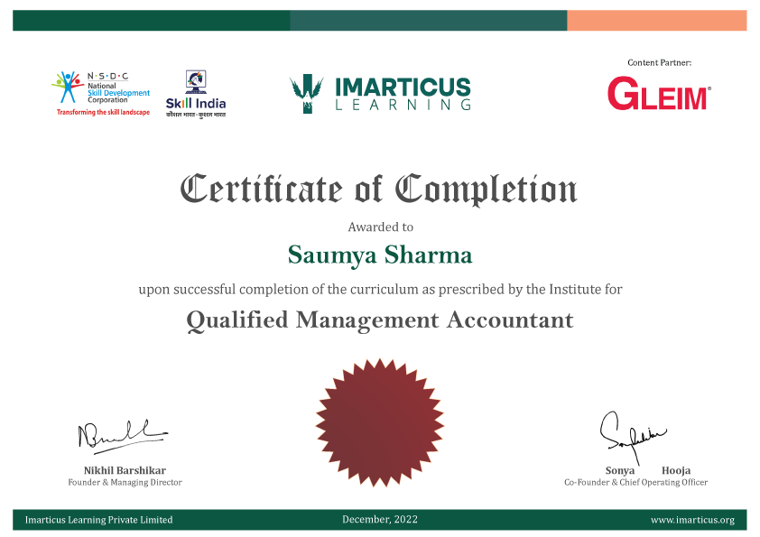 Qualified Management Accountant Course Completion Certificate