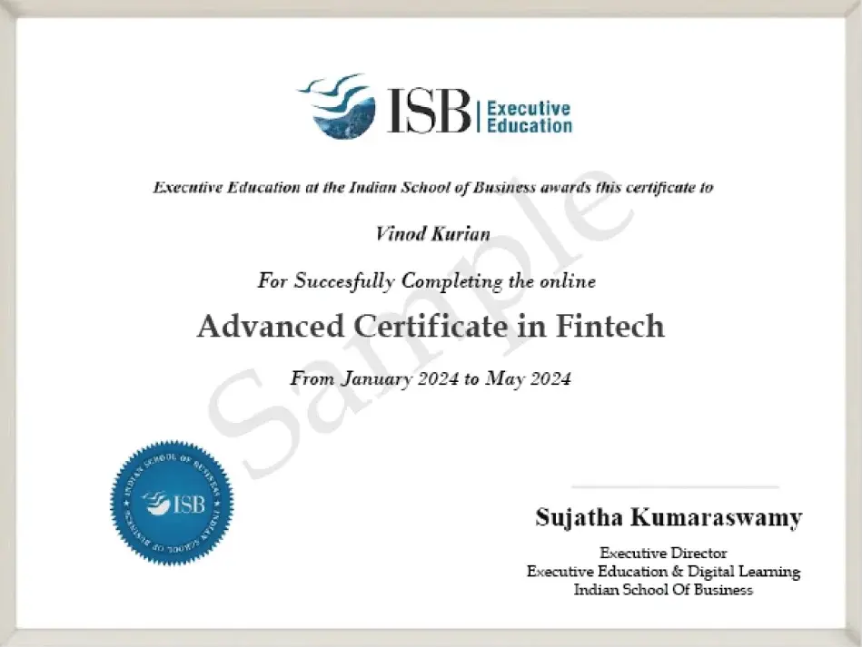 Certificate of Completion - ISB Advanced Certificate in Fintech